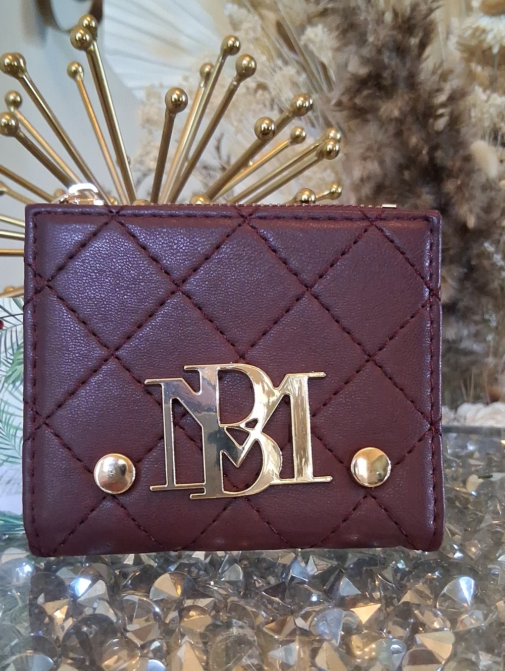 Women's Badgley Mischka Plum Quilt Diamond Short Card Wallet Purple And Gold
